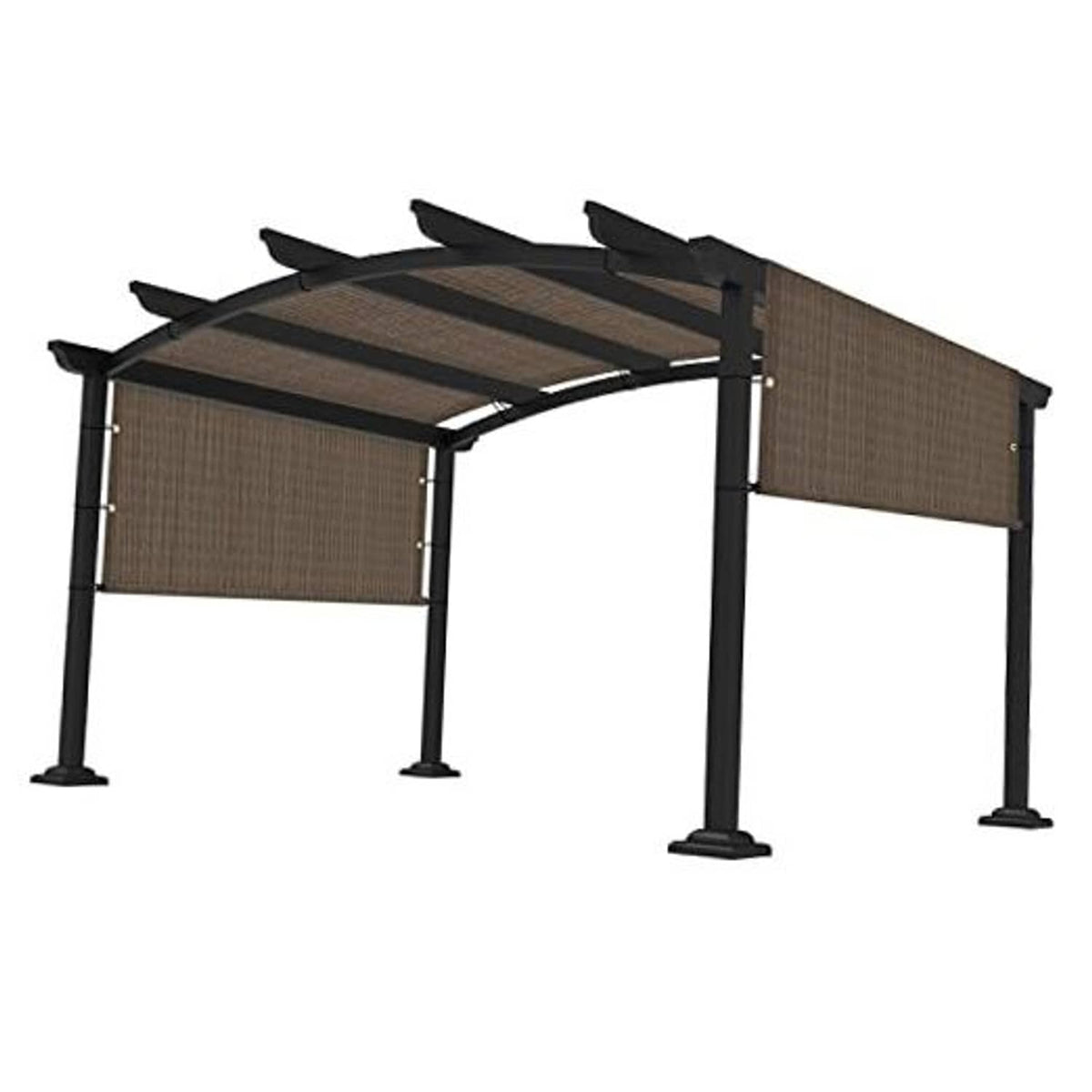 Outdoor pergola shade cover with brown fabric panels and black metal frame, side and top sections