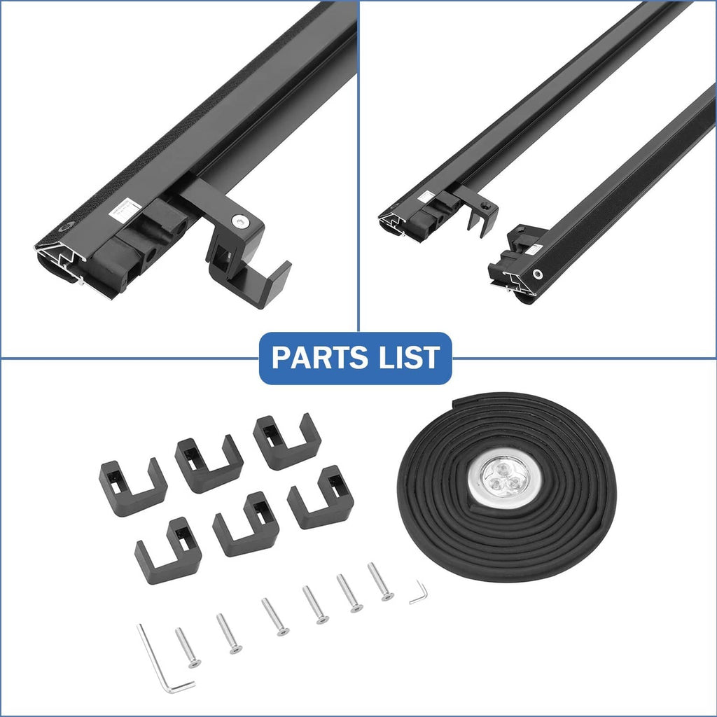 Tonneau cover installation parts kit: mounting brackets, rails, hook-and-loop seals