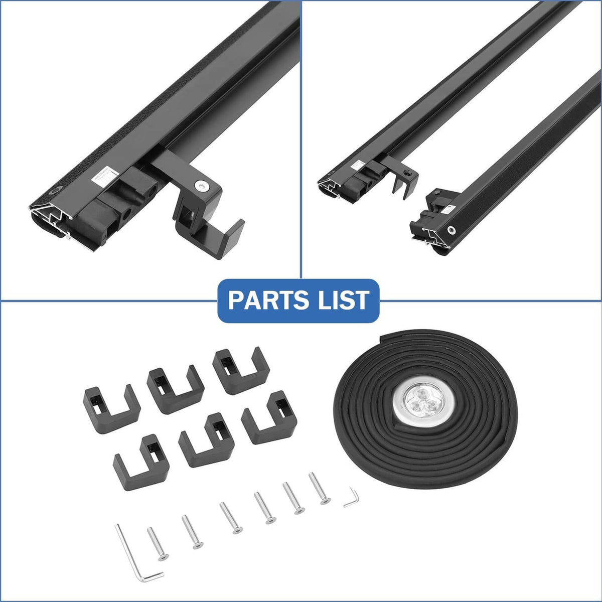 Tonneau cover installation parts kit: mounting brackets, rails, hook-and-loop seals