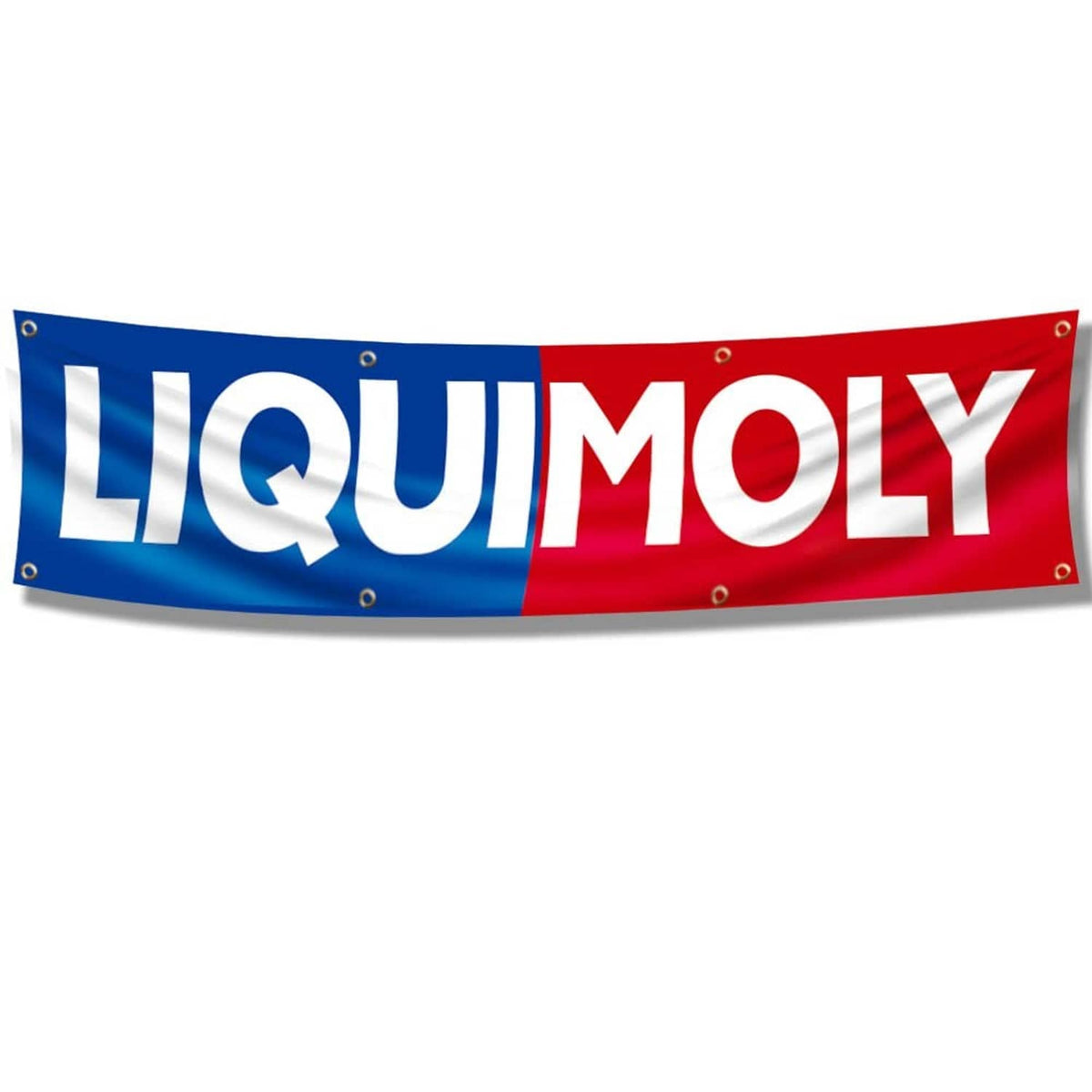 Liquid Moly banner flag in blue and red with grommets, stretched flat