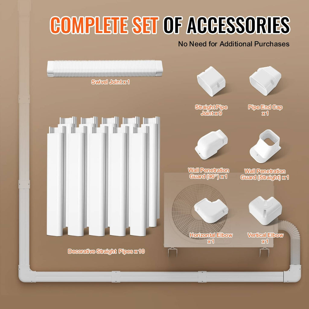 White PVC mini-split line set cover accessory set with joints, wall guards, elbows, and end caps