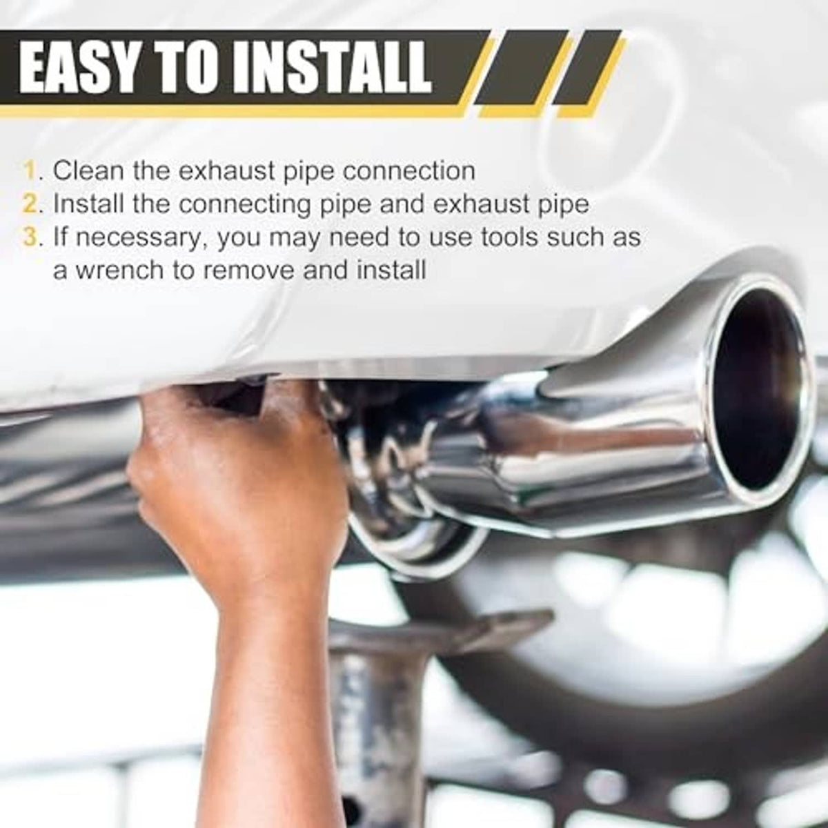 Polished stainless steel exhaust pipe adapter connected to vehicle exhaust