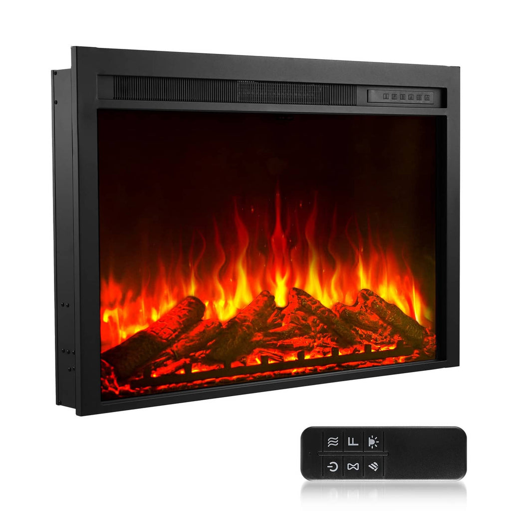 Black electric fireplace insert with glowing logs and orange flame effect