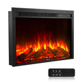 Black electric fireplace insert with glowing logs and orange flame effect