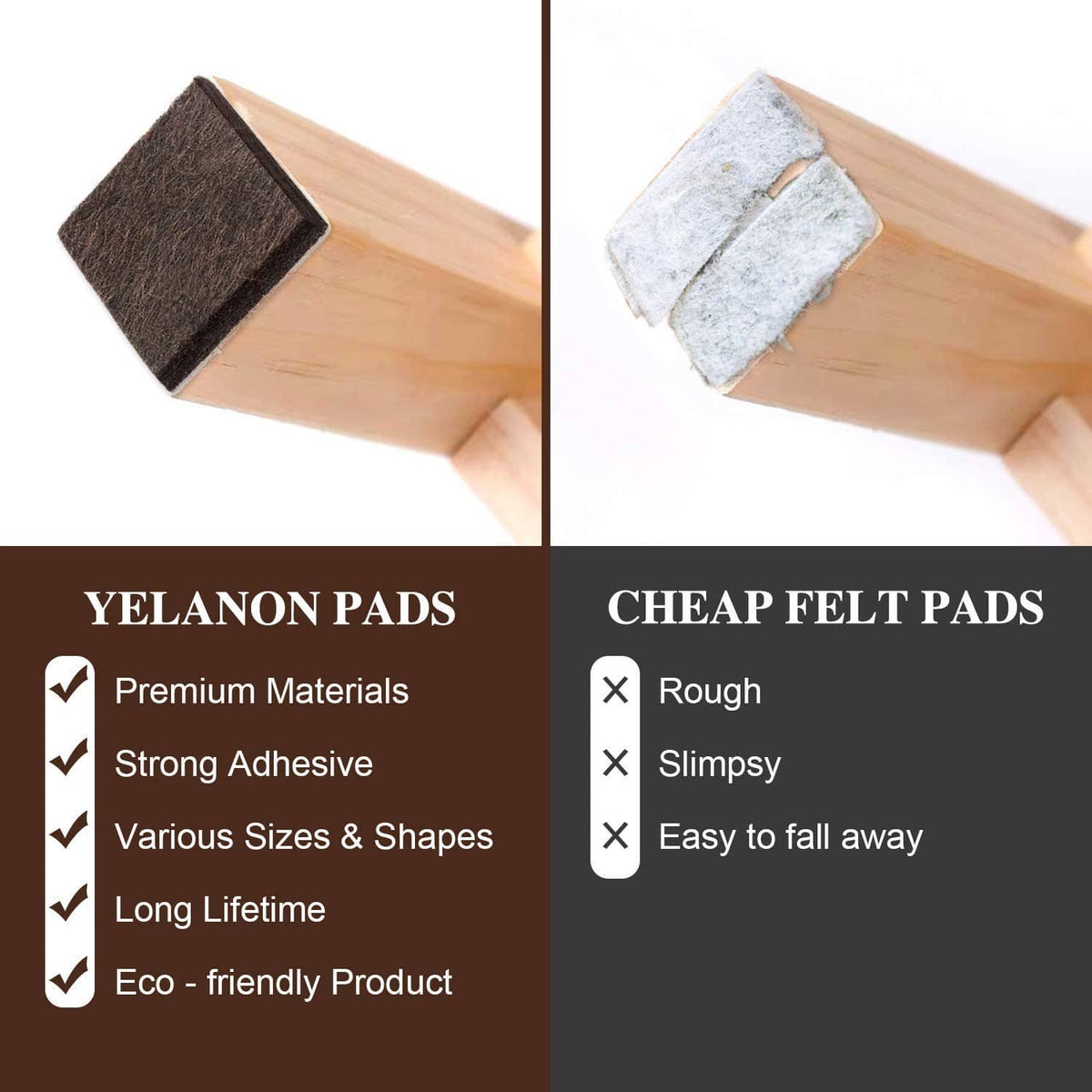 Square felt furniture pads with self-adhesive backing, black felt and light felt