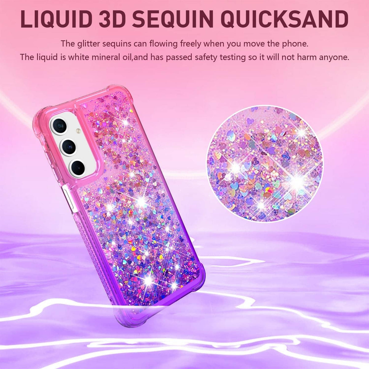 Pink and purple liquid glitter phone case with camera cutouts, angled view