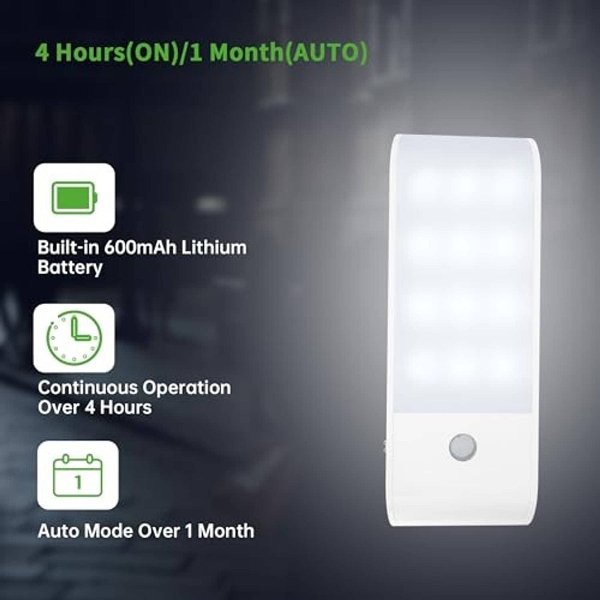 White LED light bar with motion sensor and built-in battery, shown with mode indicators.