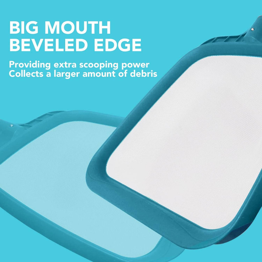 Teal pool leaf skimmer with large opening and beveled edge fine mesh