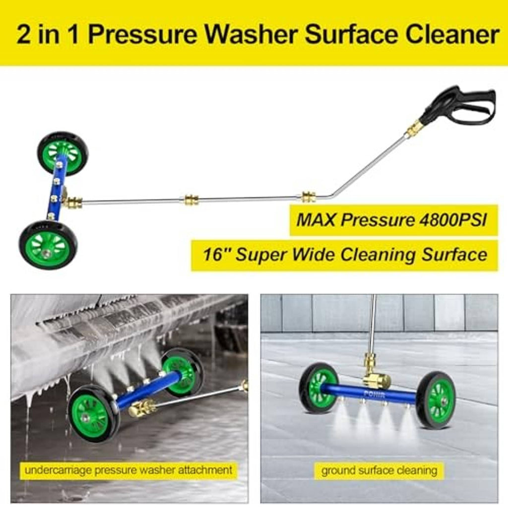 Blue 16-inch pressure washer surface cleaner tool with green wheels and long wand