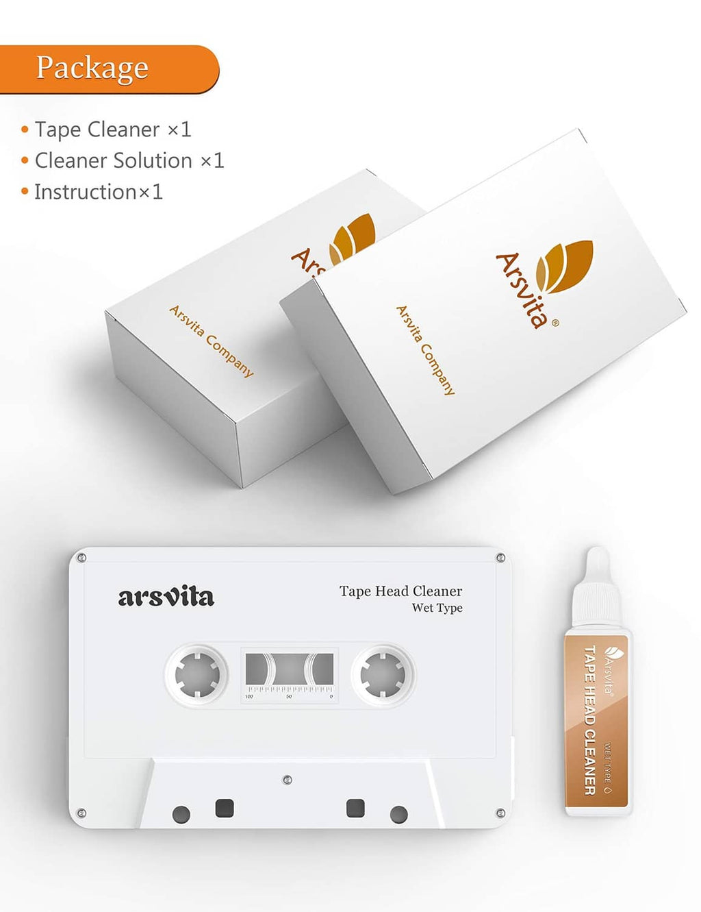Cassette head cleaner kit packaging, cassette cleaner device and orange cleaner bottle