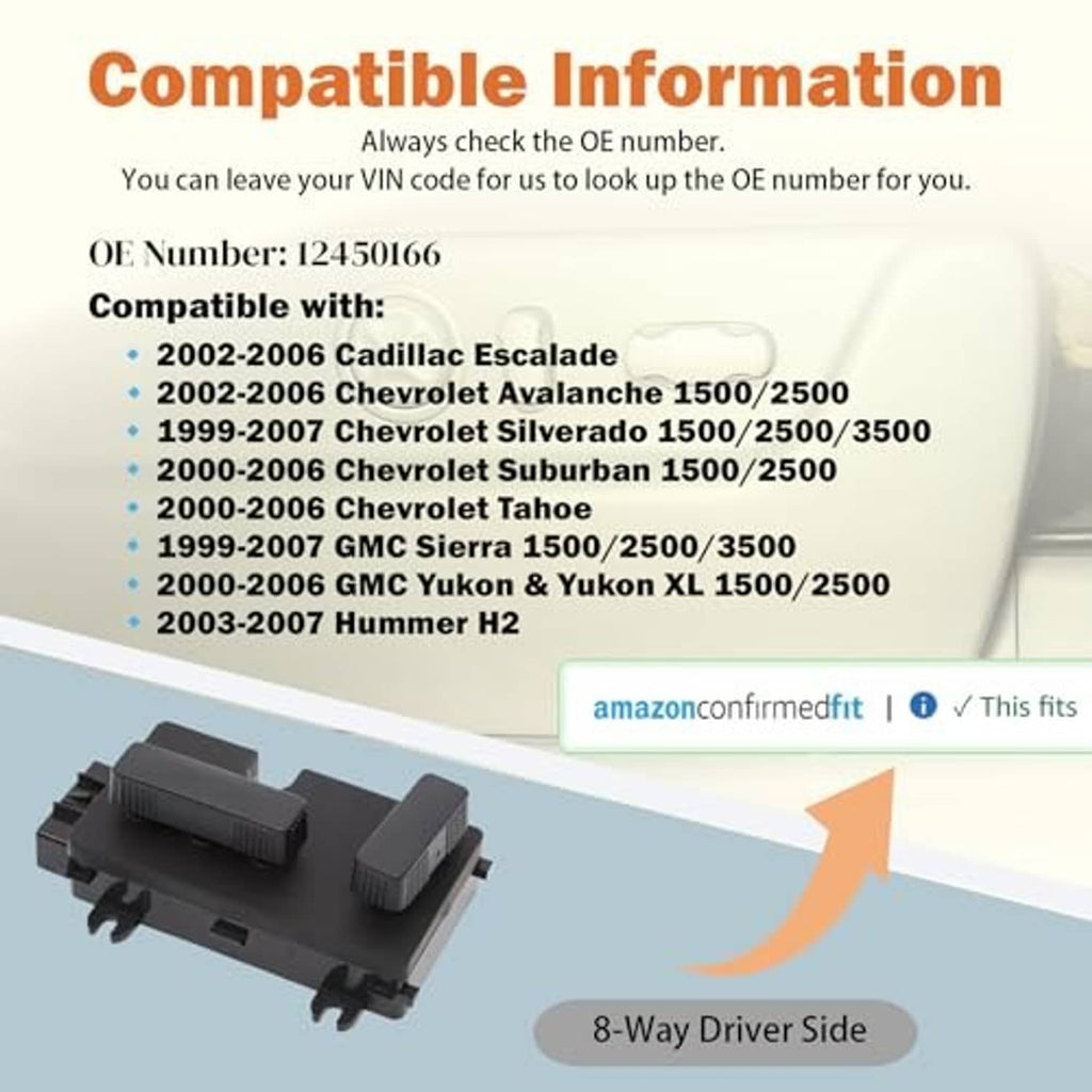 Power seat switch module for driver side with 8-way rocker controls and plug