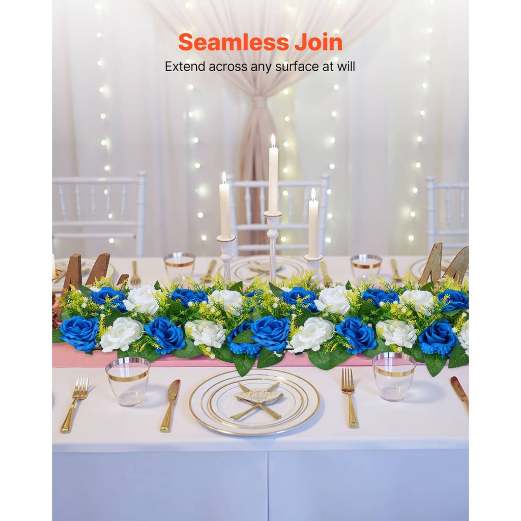 Blue and white artificial table flower garland centerpiece with roses and green foliage