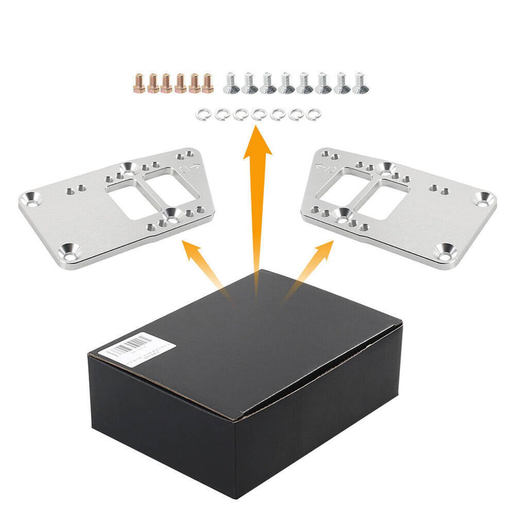 Engine motor mount adapter plates with hardware laid out above an unbranded shipping box