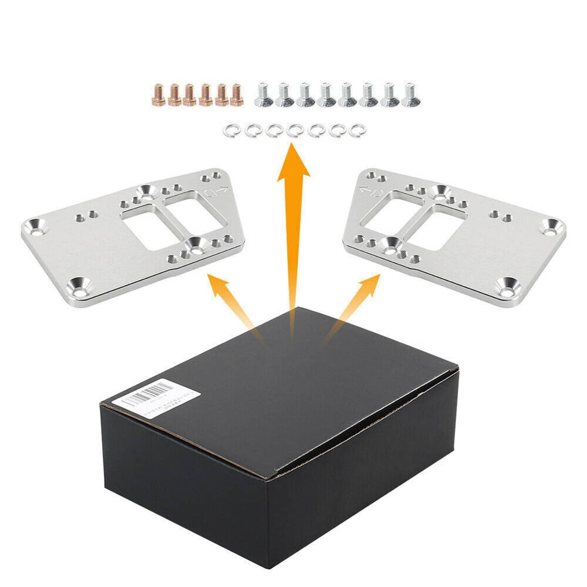 Engine motor mount adapter plates with hardware laid out above an unbranded shipping box