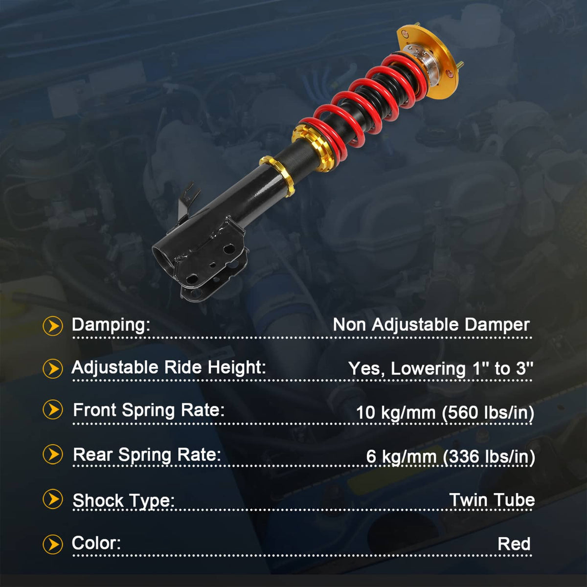 Single coilover strut with red spring, gold top adjuster, and black mounting bracket