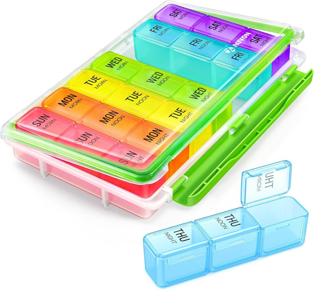Rainbow large weekly pill organizer with clear hinged lid and two open blue pill trays