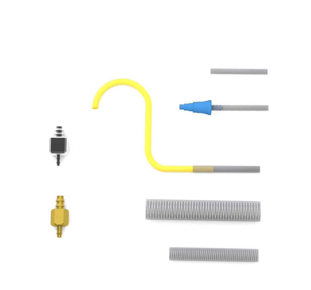 Engine cleaner kit parts: yellow hose, nozzles, tubing, and cleaning brushes