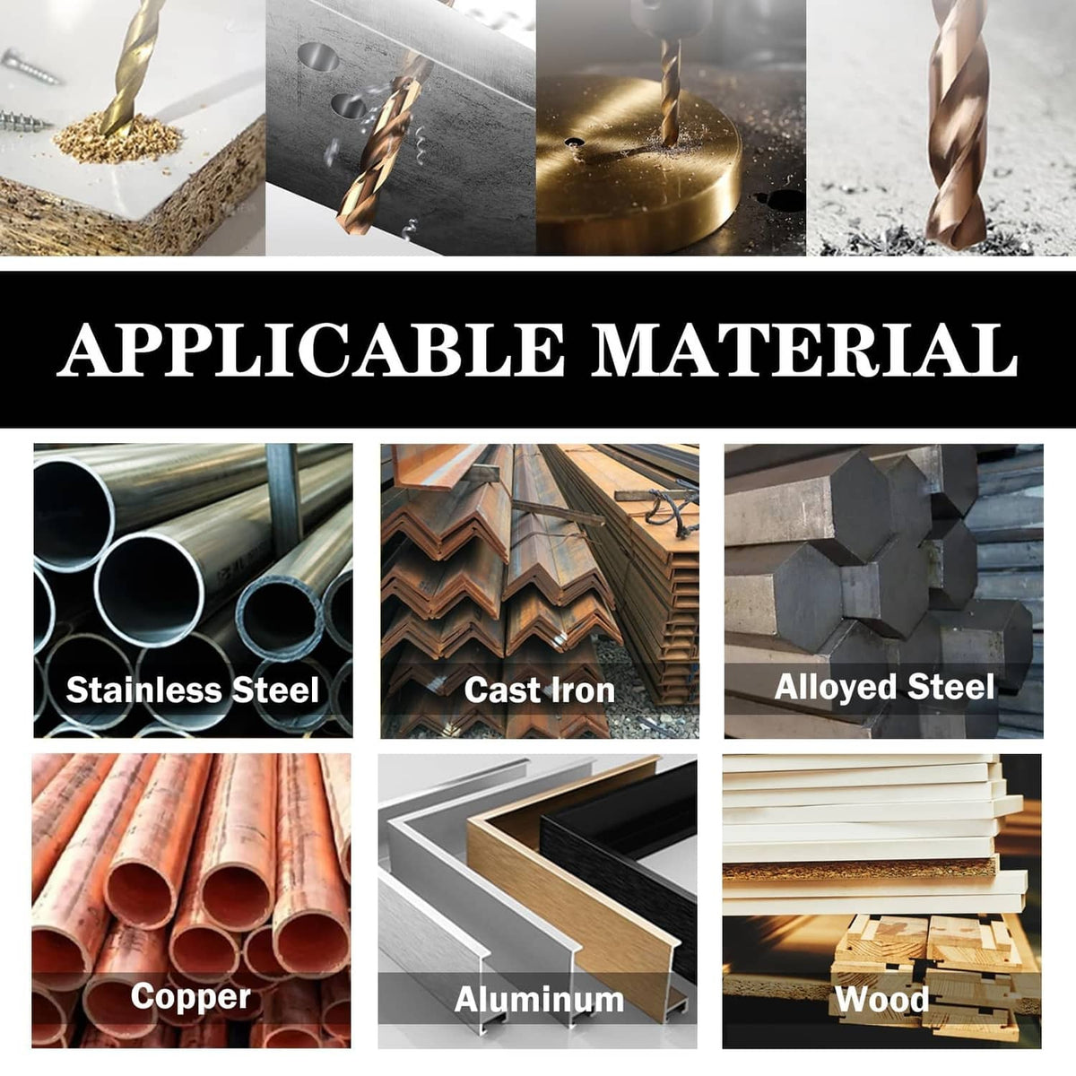 Cobalt drill bit shown cutting stainless steel, cast iron, alloyed steel, copper, aluminum, wood