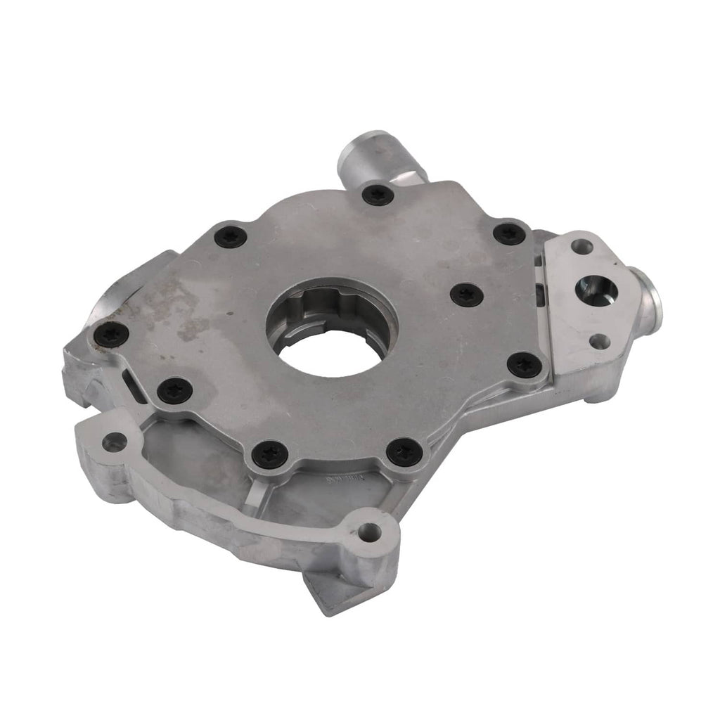 Engine oil pump housing with central bore, side port opening, and threaded mounting points