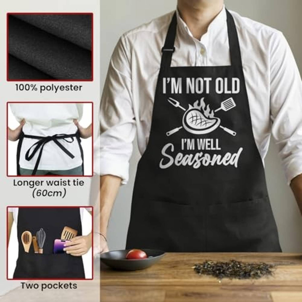 Black polyester apron with longer waist tie and two pockets, worn by man