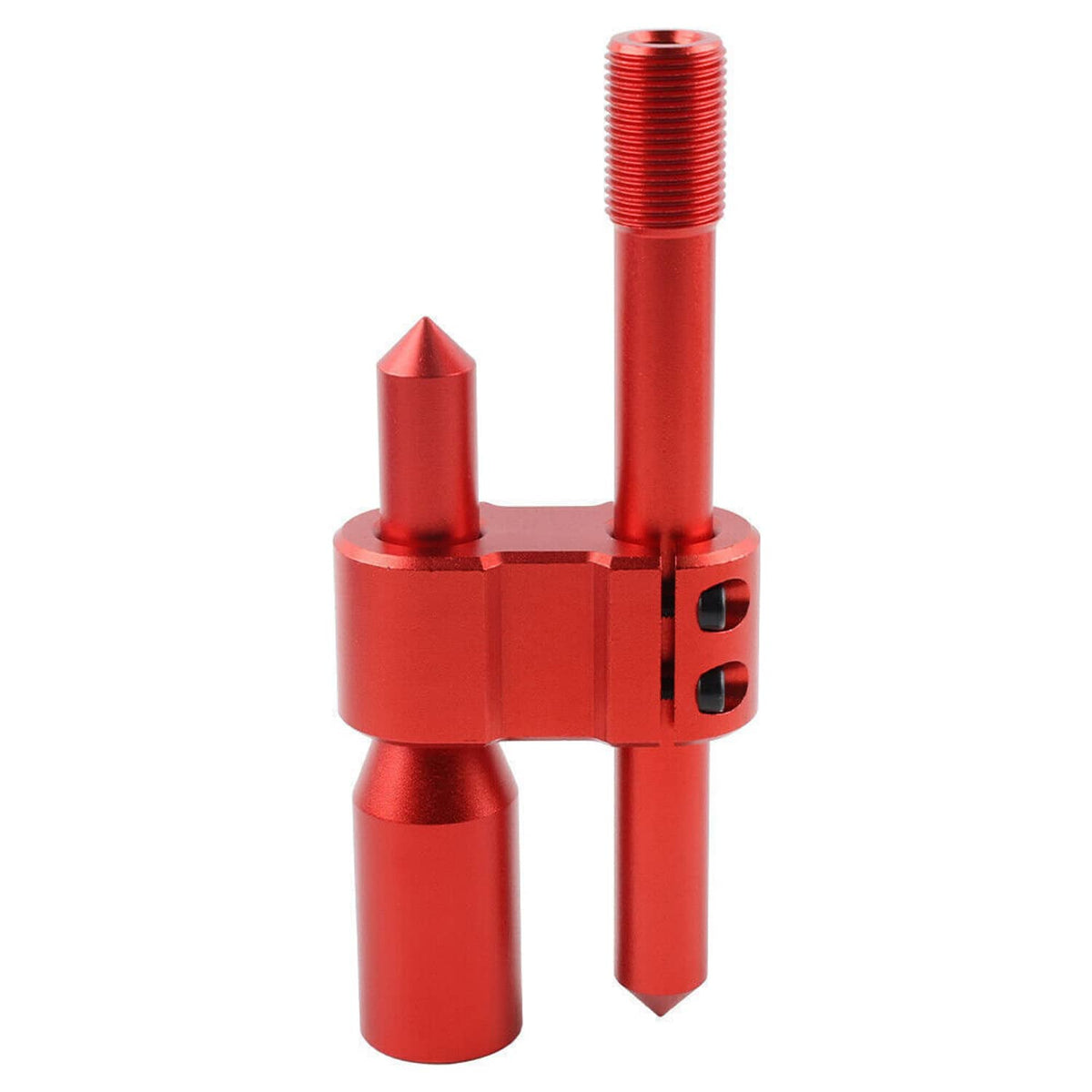 Red anodized aluminum H-type shift knob extender with threaded post and side mounting holes