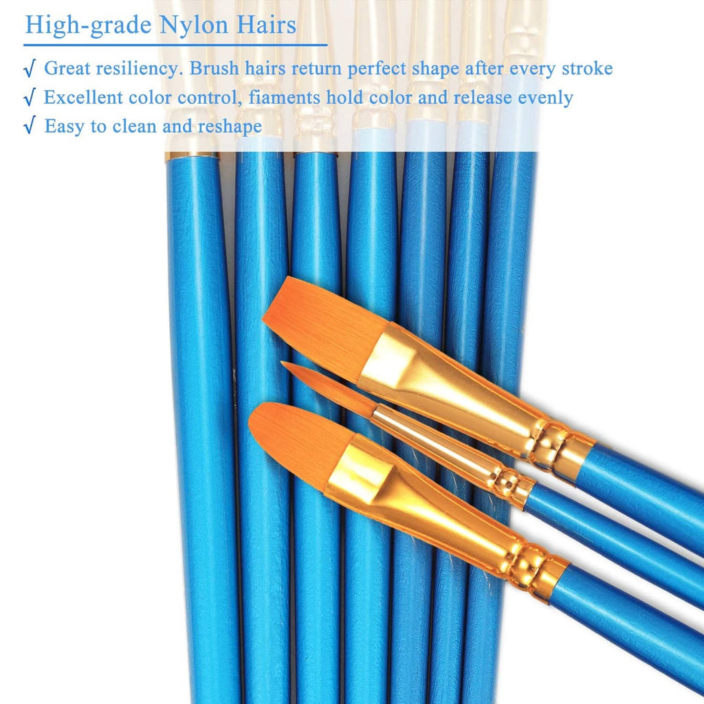 Paint brushes close-up: blue handles, gold ferrules, and orange nylon bristles