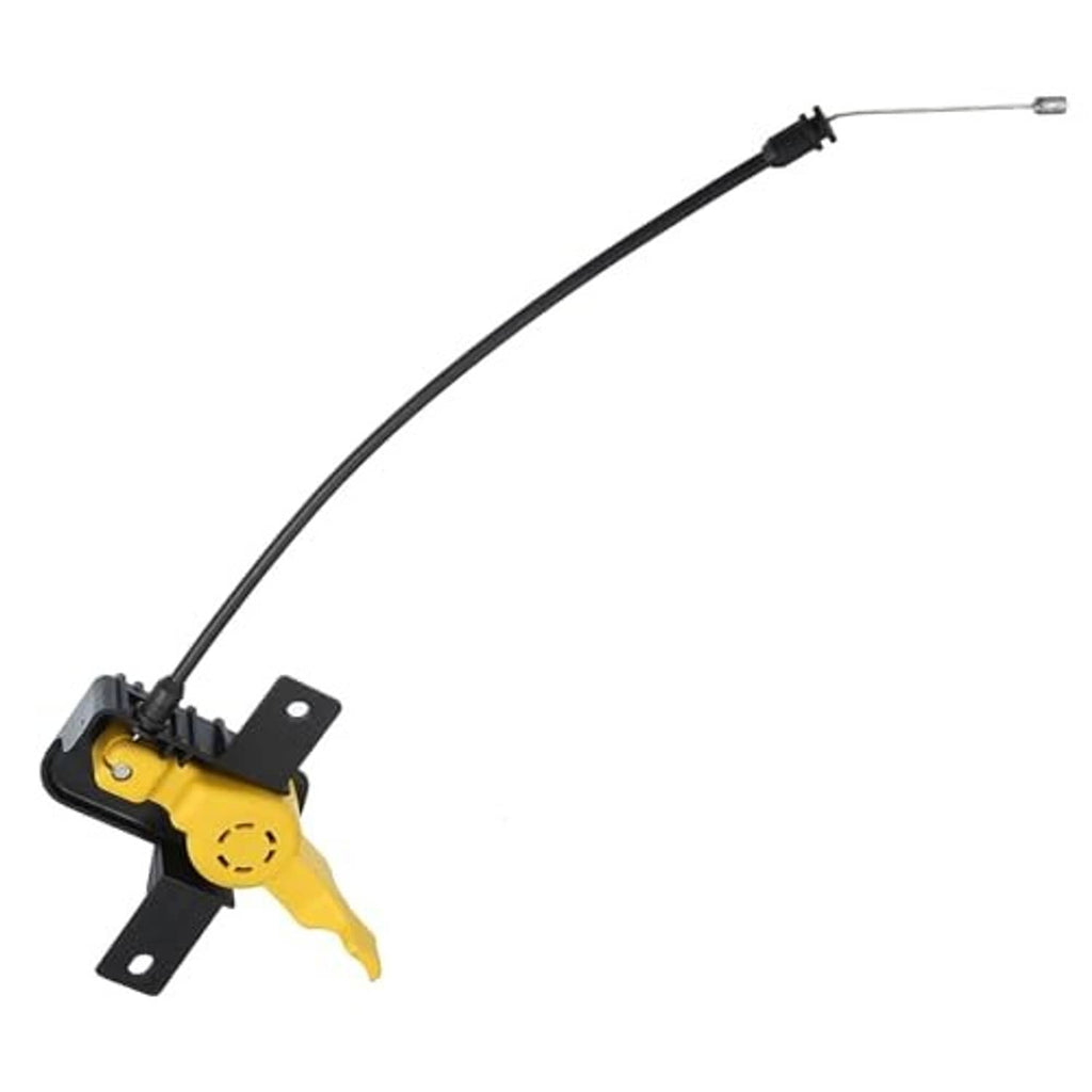 Engine hood release cable with yellow latch and black cable, shown with metal end terminal