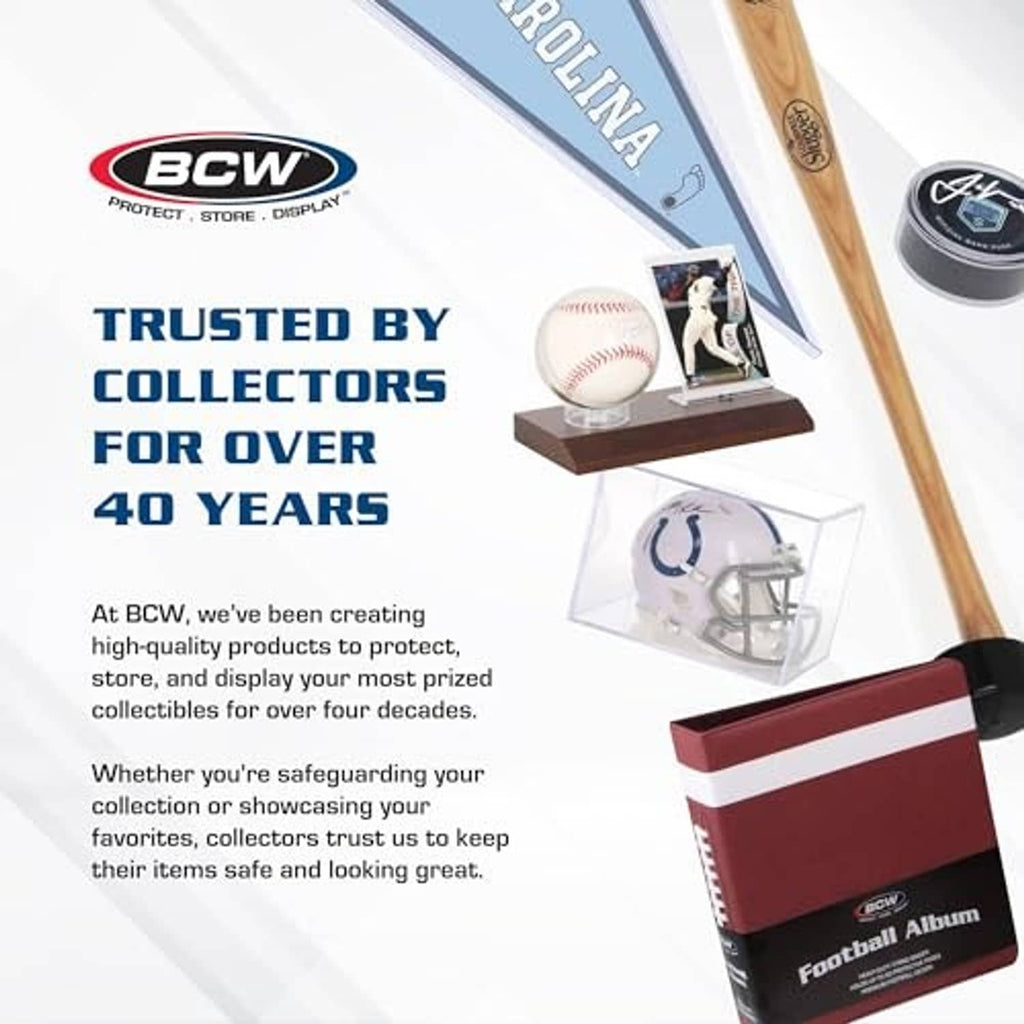 BCW sports display products brochure with a clear golf ball holder cube