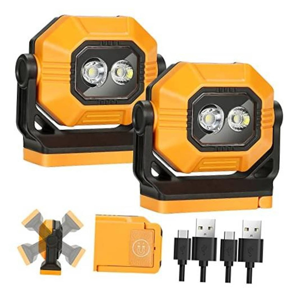Orange and black rechargeable work lights set, two magnetic units with dual LED panels