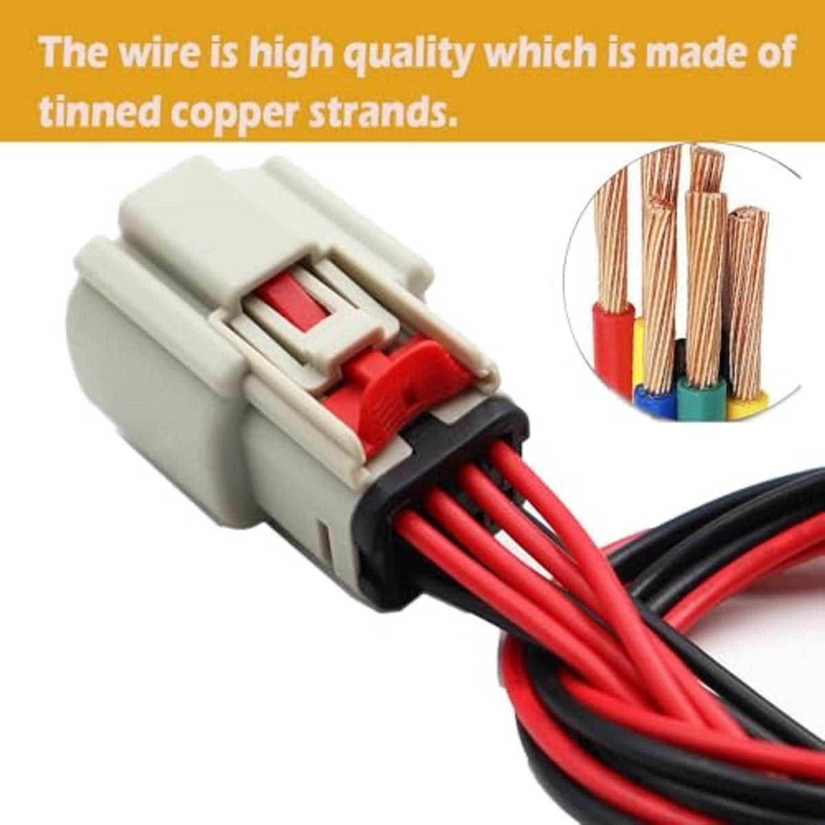 LED headlight connector with red latch and red/black wires showing copper strands