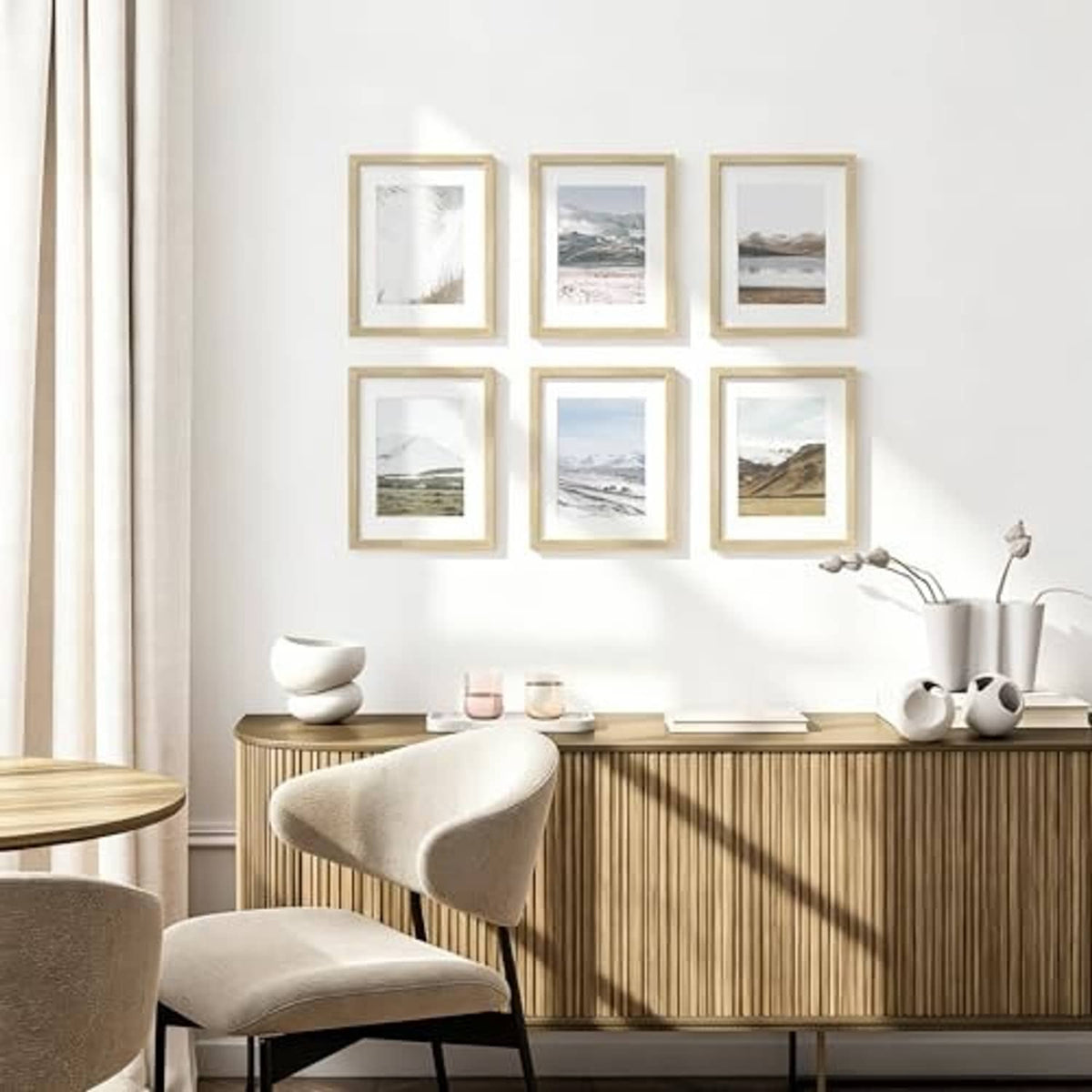 Wall display set of natural oak photo frames, multiple 8.5x11 frames with artwork.