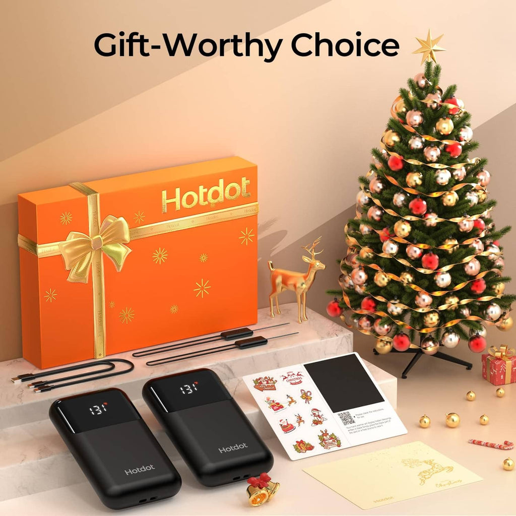 Portable electric hand warmer gift set with LED display, warmers, and blessing card.