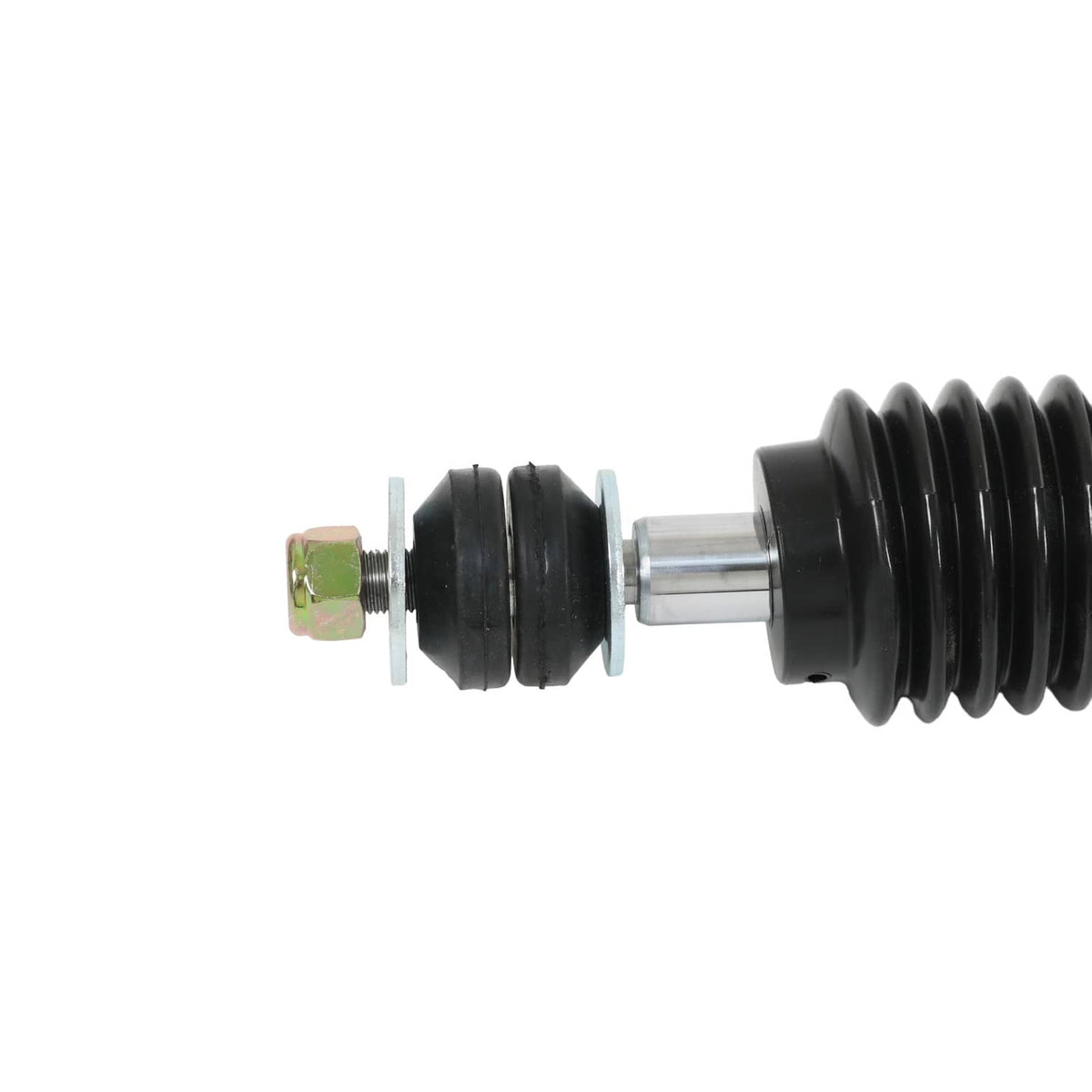 Close-up of coilover strut bottom joint with rubber boot and silver rod