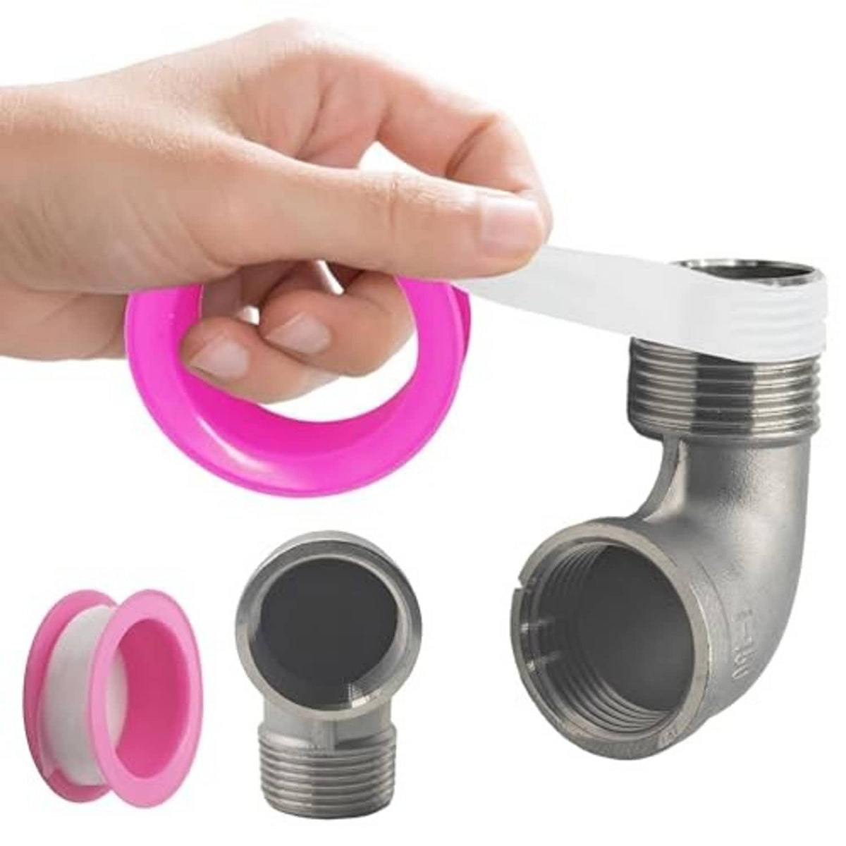 Stainless steel elbow fitting with pink sealing tape being installed on NPT threads