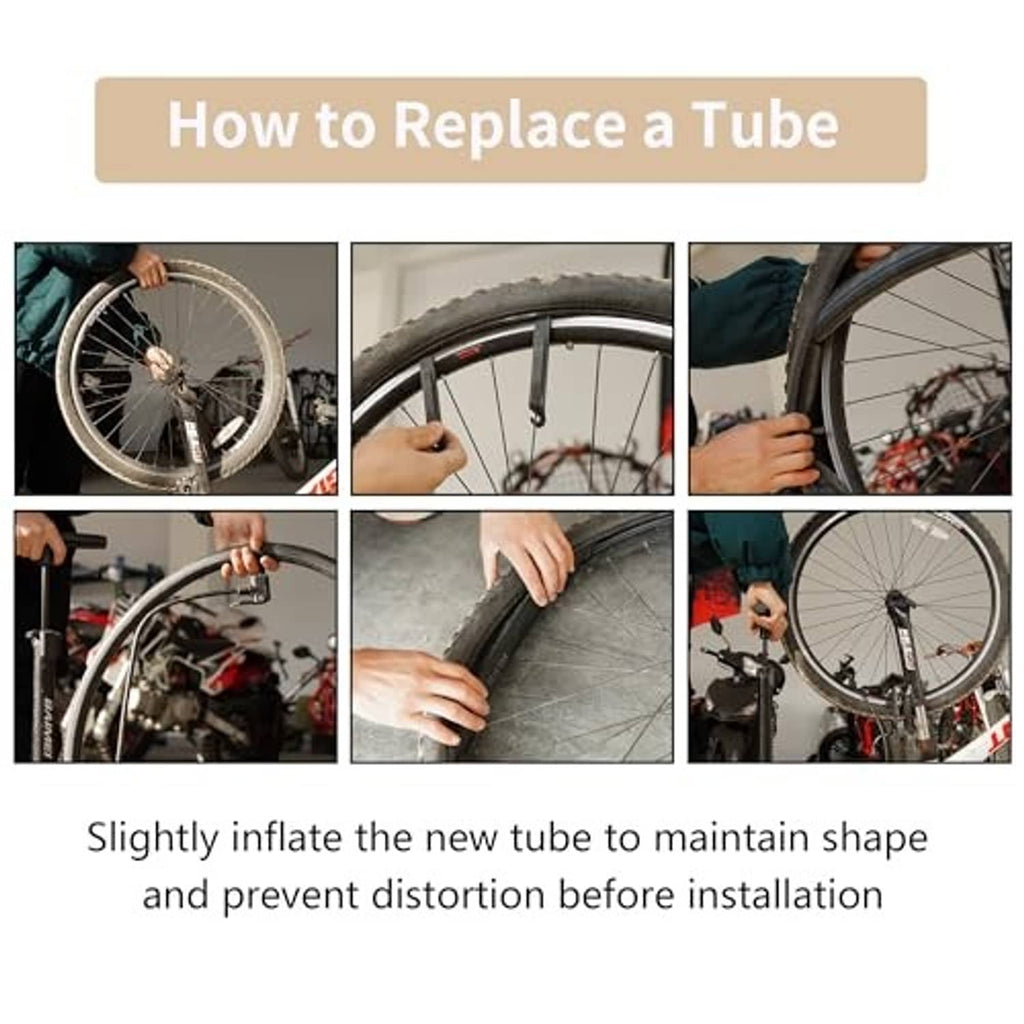 How-to replacement guide showing bicycle wheel and tire lever for installing a new tube