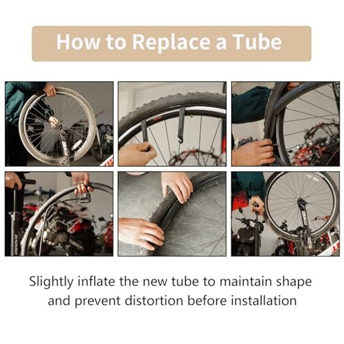 How-to replacement guide showing bicycle wheel and tire lever for installing a new tube
