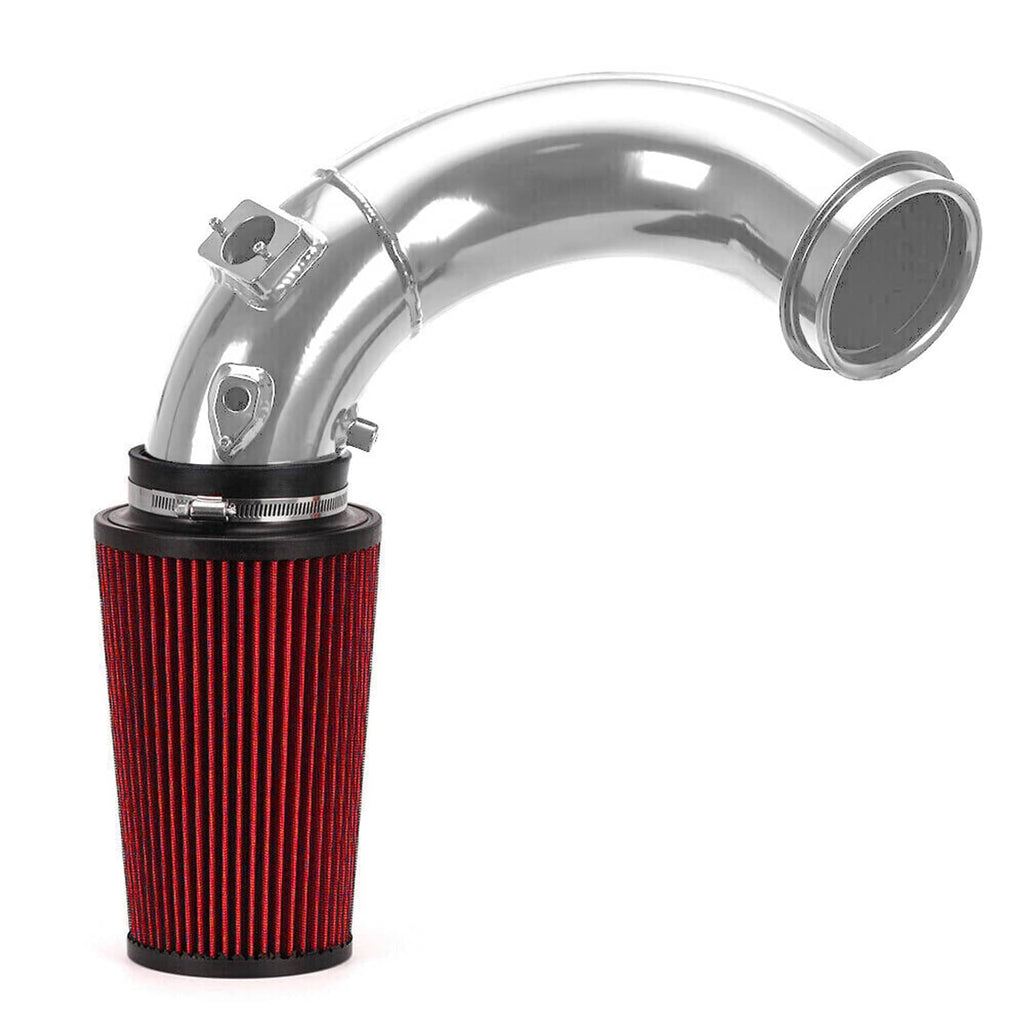 Cold air intake assembly with red oiled filter and polished intake elbow