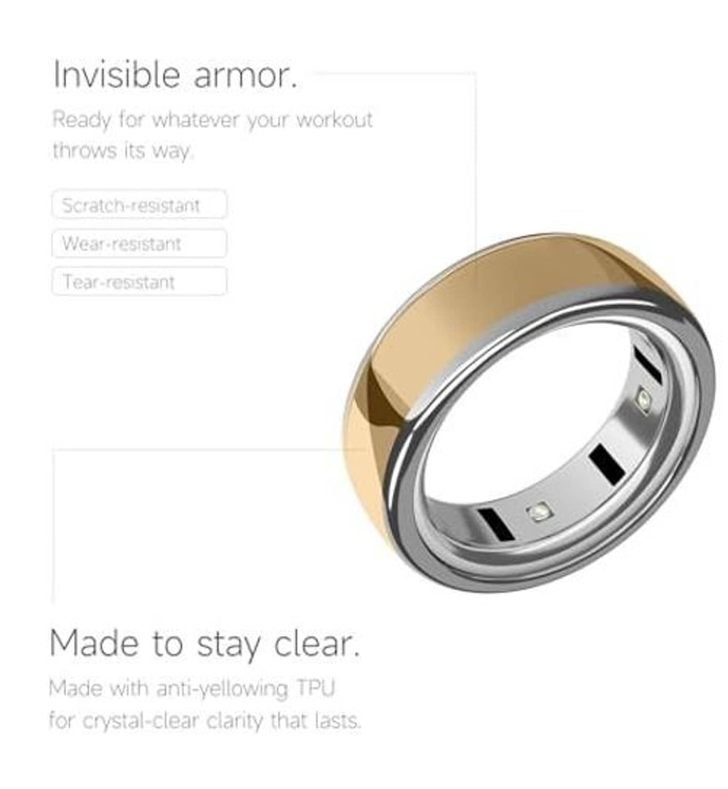Silver ring cover with smooth reflective band and inner cutouts, tilted view