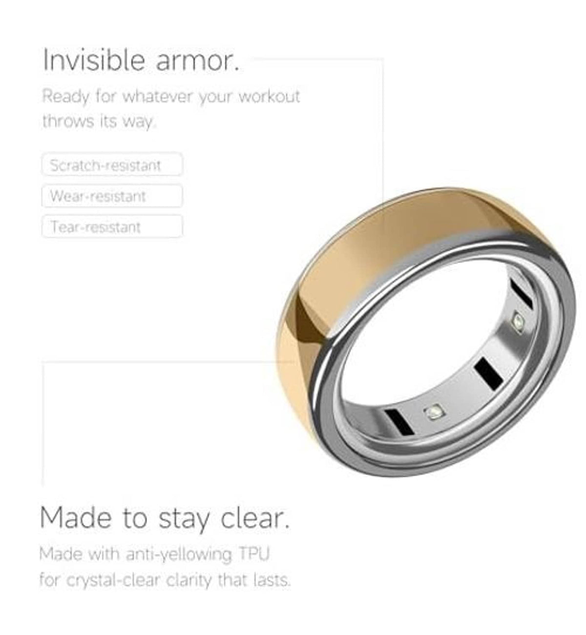 Silver ring cover with smooth reflective band and inner cutouts, tilted view