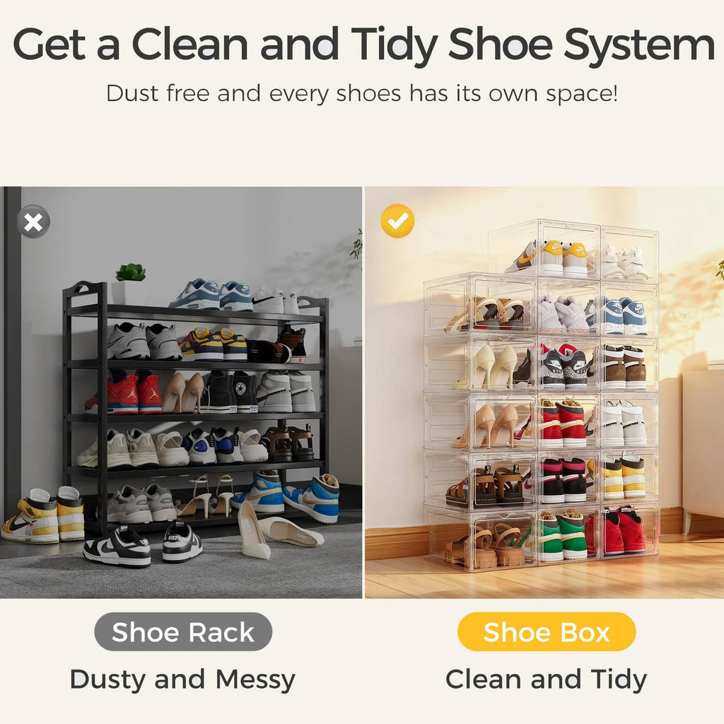 Clear shoe storage boxes with separate cubbies, keeping sneakers neat and organized