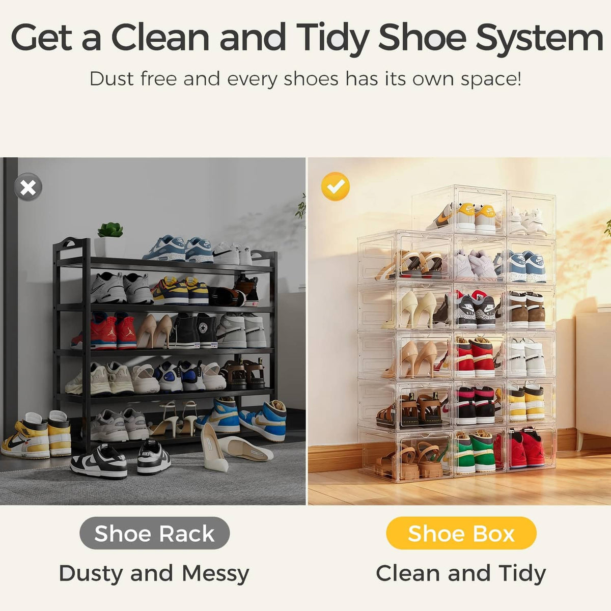 Clear shoe storage boxes with separate cubbies, keeping sneakers neat and organized