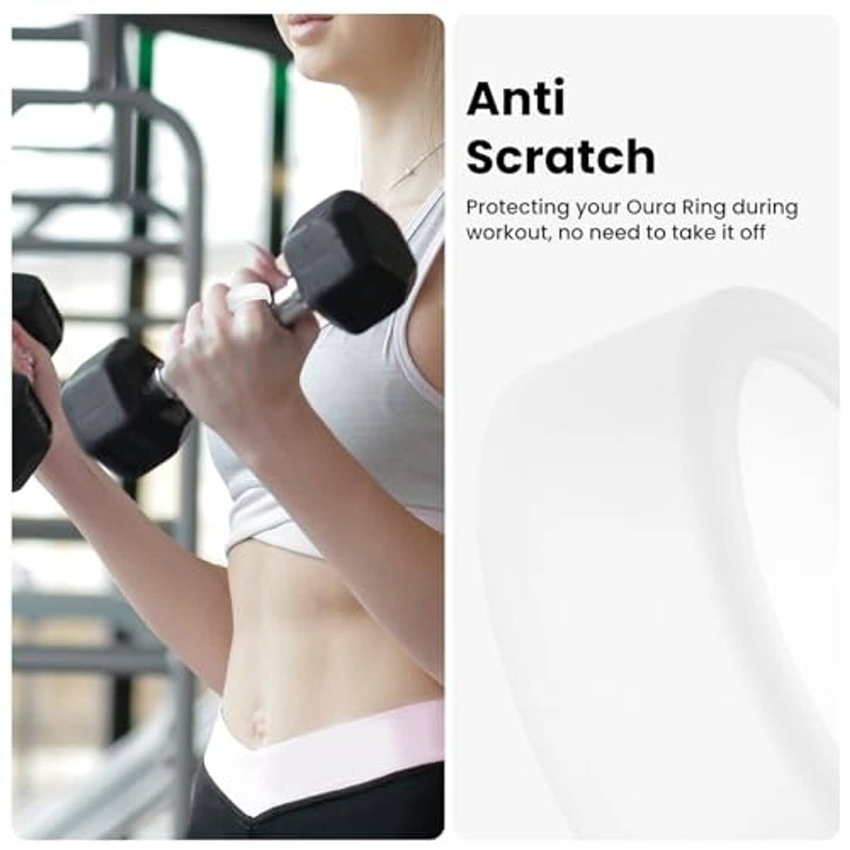 White Oura ring cover shown with a person holding gym equipment