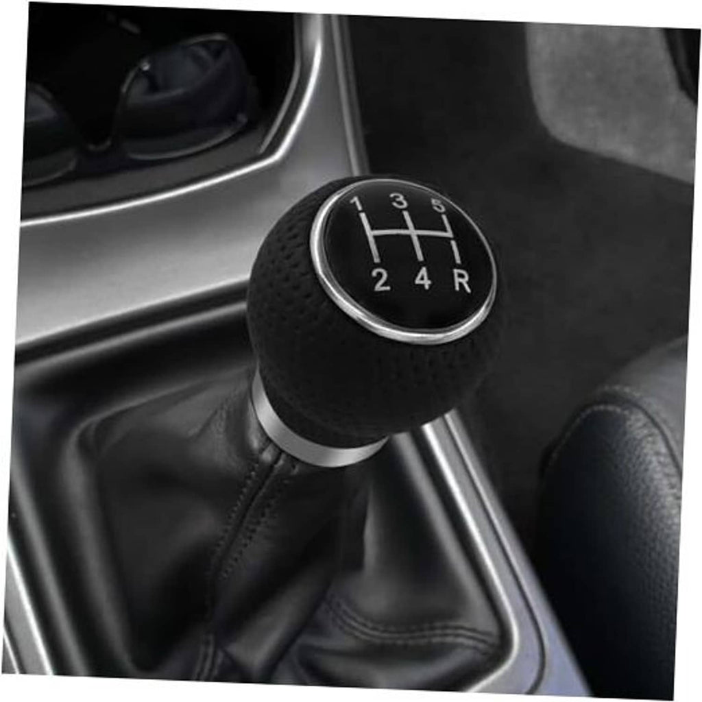 Black 5-speed gear shift knob with silver ring, perforated grip, shift positions 1-5/R