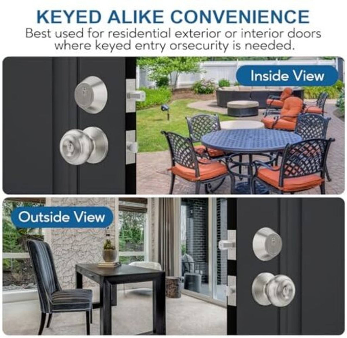 Satin nickel key-alike entry door knobs with single-cylinder deadbolt set