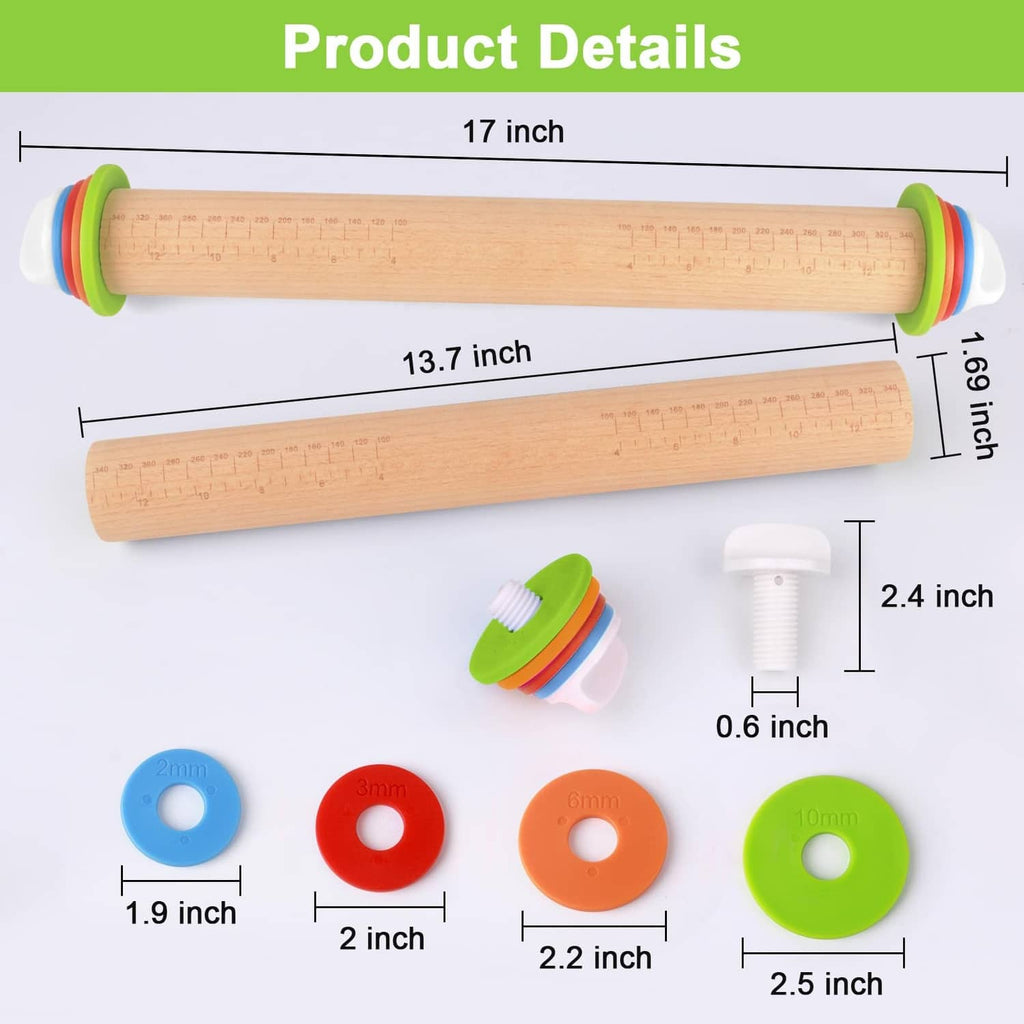 Natural wooden rolling pin with thickness rings, white end caps, and measuring markings.