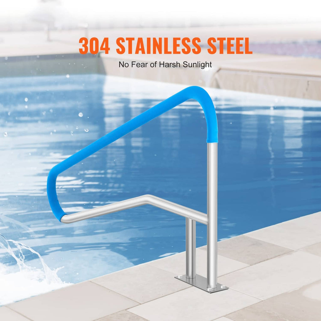 Stainless steel pool handrail with blue padded grip installed on pool deck