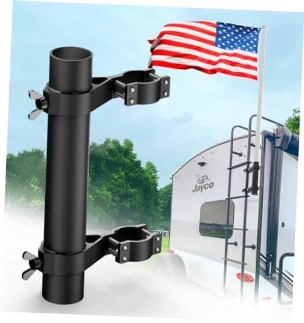 Black RV ladder flag pole holder with two clamp brackets and mounting hardware