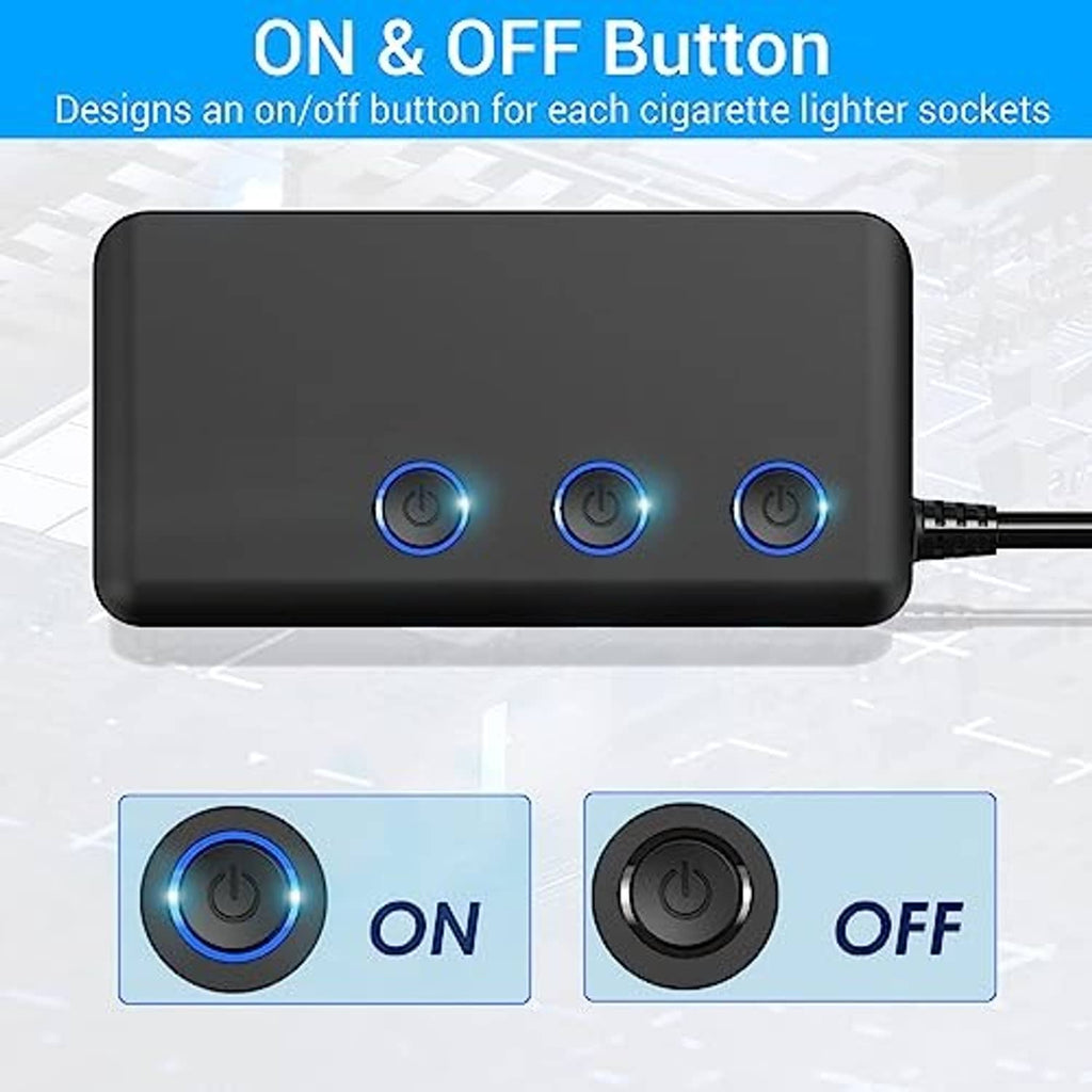 Car charger splitter with three illuminated on/off buttons on the front panel