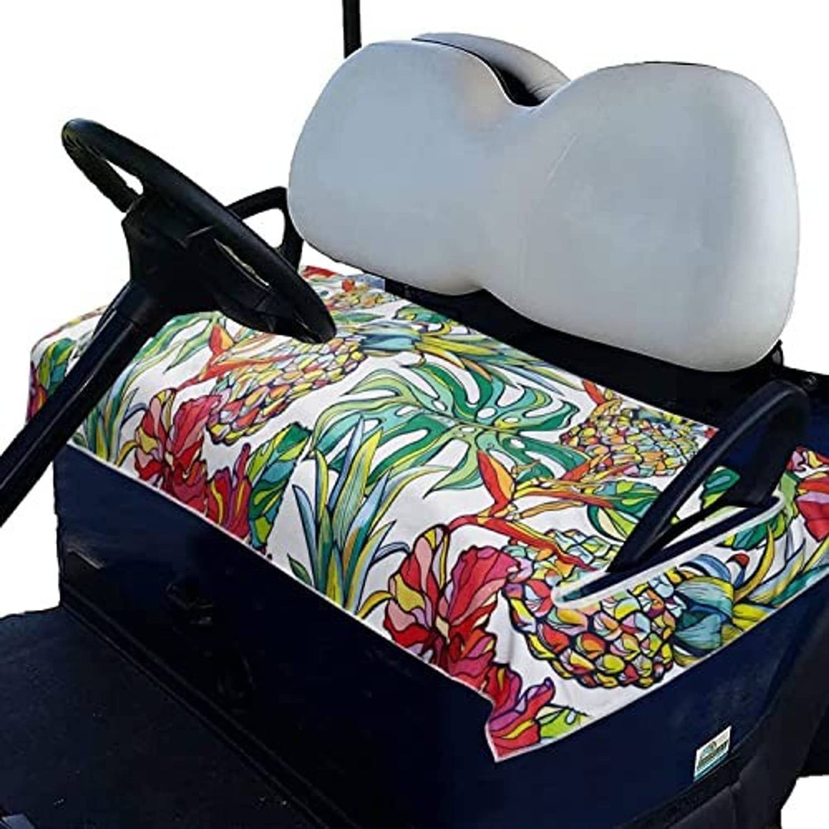 Golf cart seat cover set with gray headrest and tropical floral patterned seat