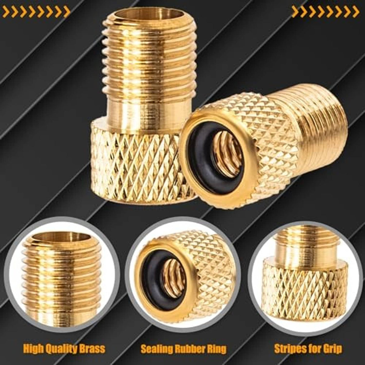 Two brass Presta valve adapters with black rubber seals and textured grips
